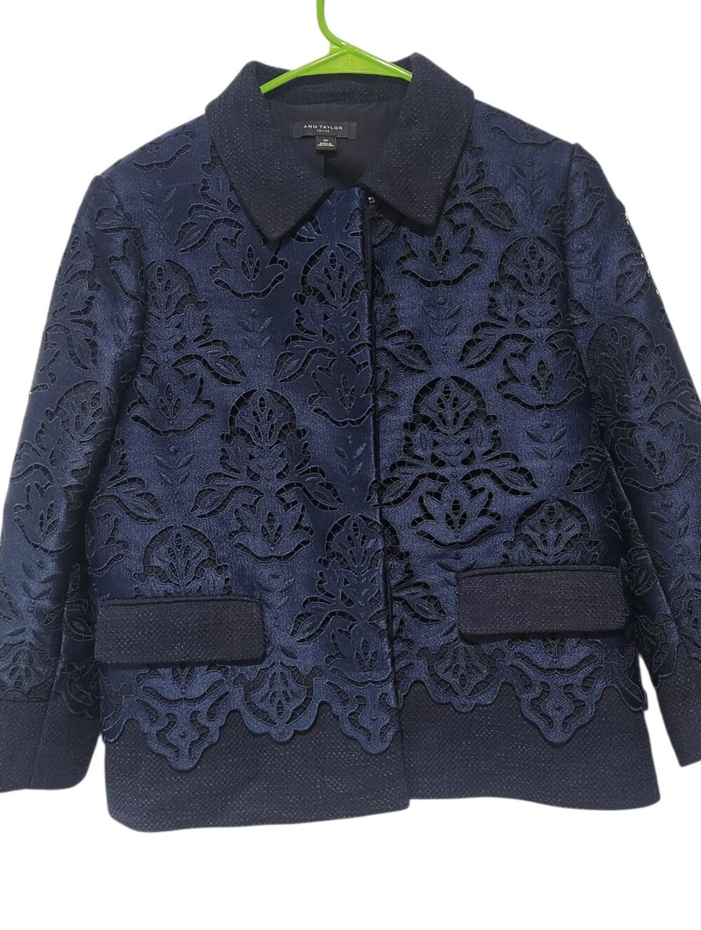 Ann Taylor Navy Blue Botanical Lace Overlay Jacket Size 10P